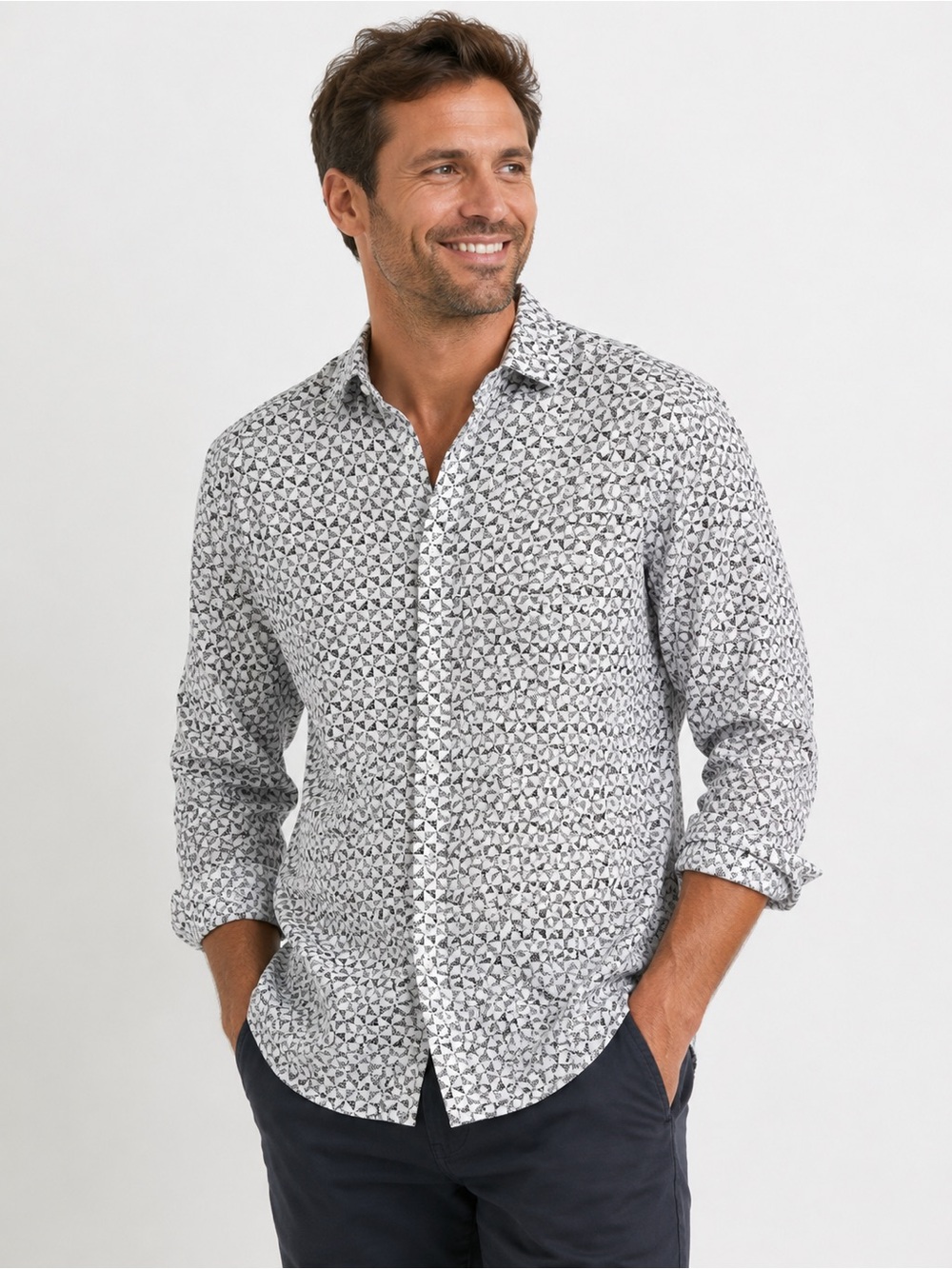 Frank And Eileen Button Down 100% Linen Shirt Men M Finbar Geometric Coastal